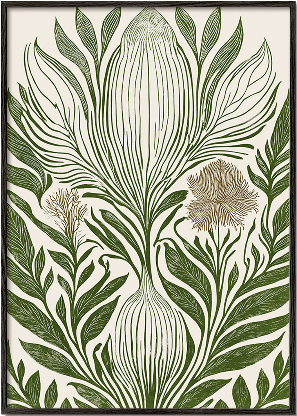 Botanisk plakat med grøn linjetegning – Black Frame