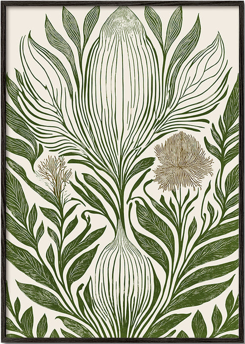 Botanisk plakat med grøn linjetegning – Black Frame