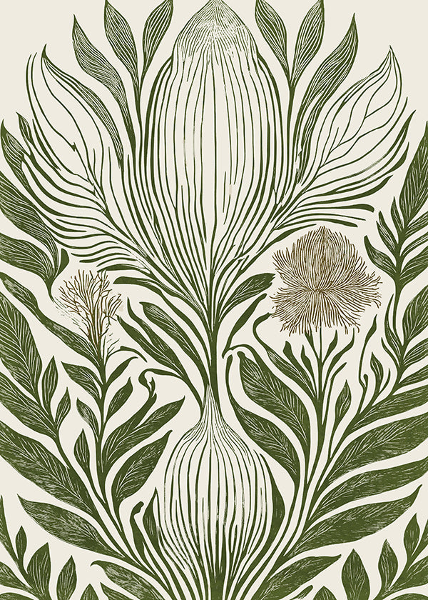 Botanisk plakat med grøn linjetegning