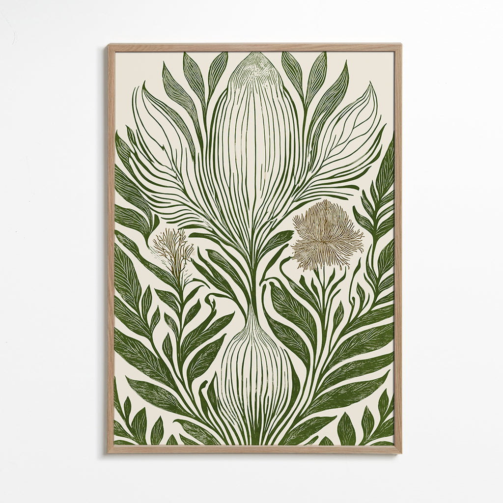 Botanisk plakat med grøn linjetegning – Oak Frame
