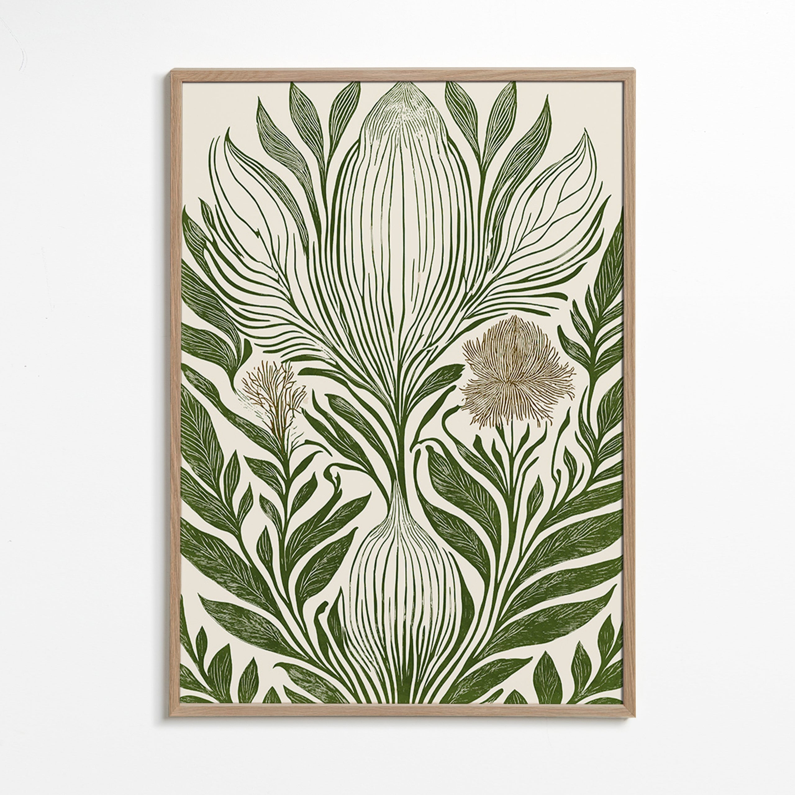 Botanisk plakat med grøn linjetegning – Oak Frame