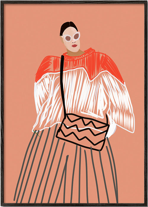 Illustration af kvinde med koral taske – Black Frame