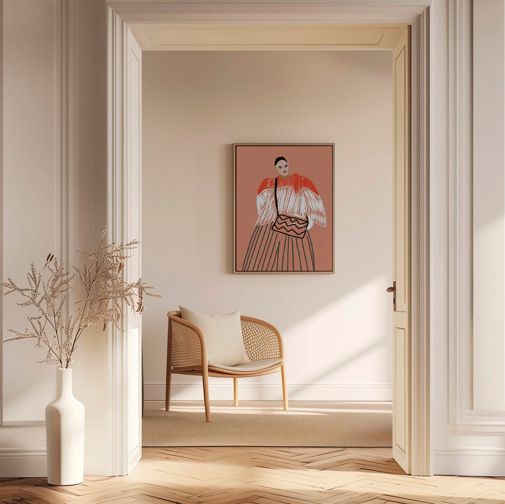 Illustration af kvinde med koral taske – Canvas1