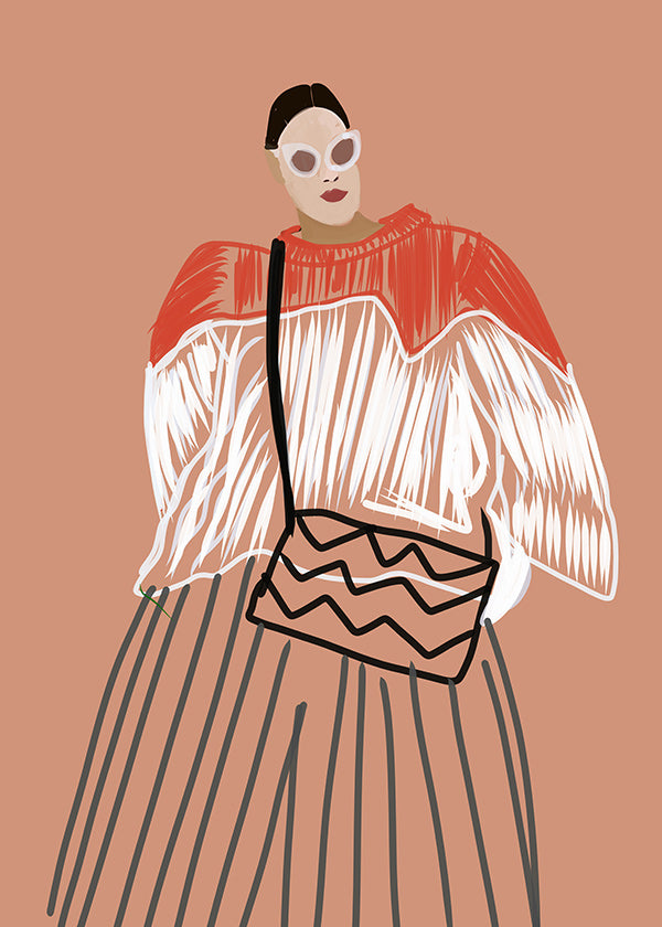 Illustration af kvinde med koral taske