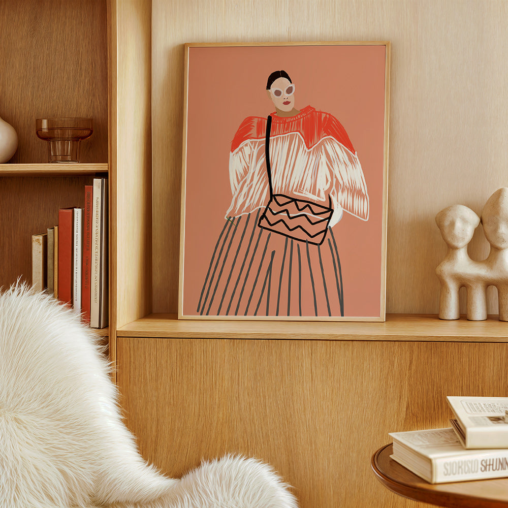 Illustration af kvinde med koral taske – Product2