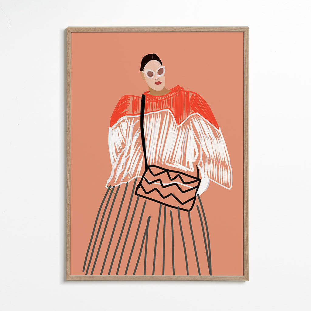 Illustration af kvinde med koral taske – Oak Frame