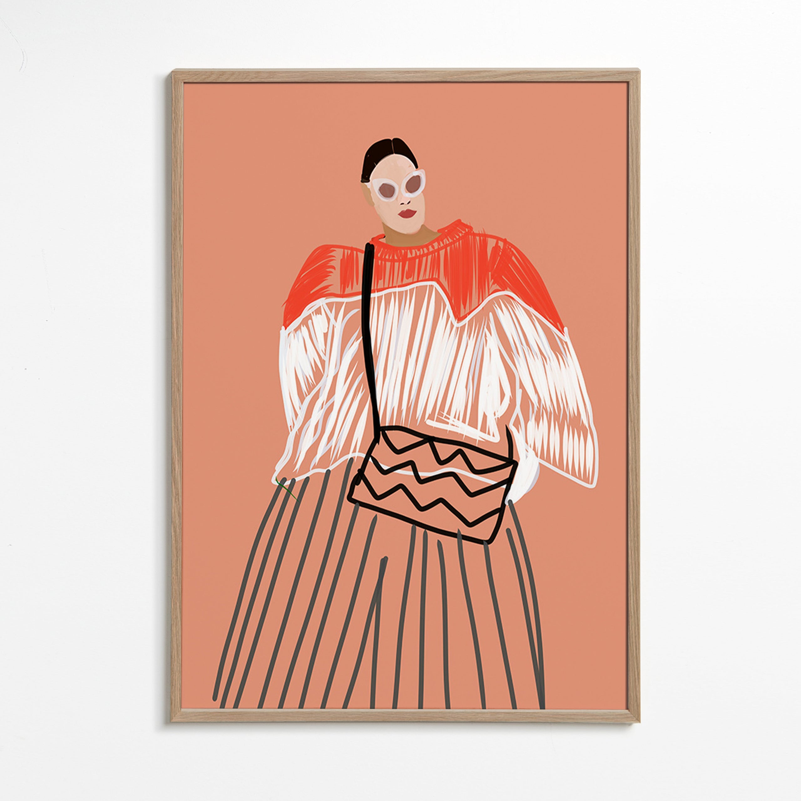 Illustration af kvinde med koral taske – Oak Frame