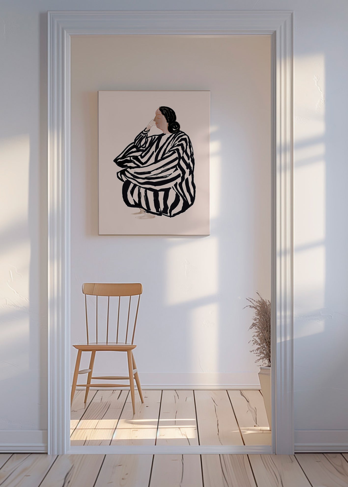 Illustration af siddende kvinde med markante striber – Canvas