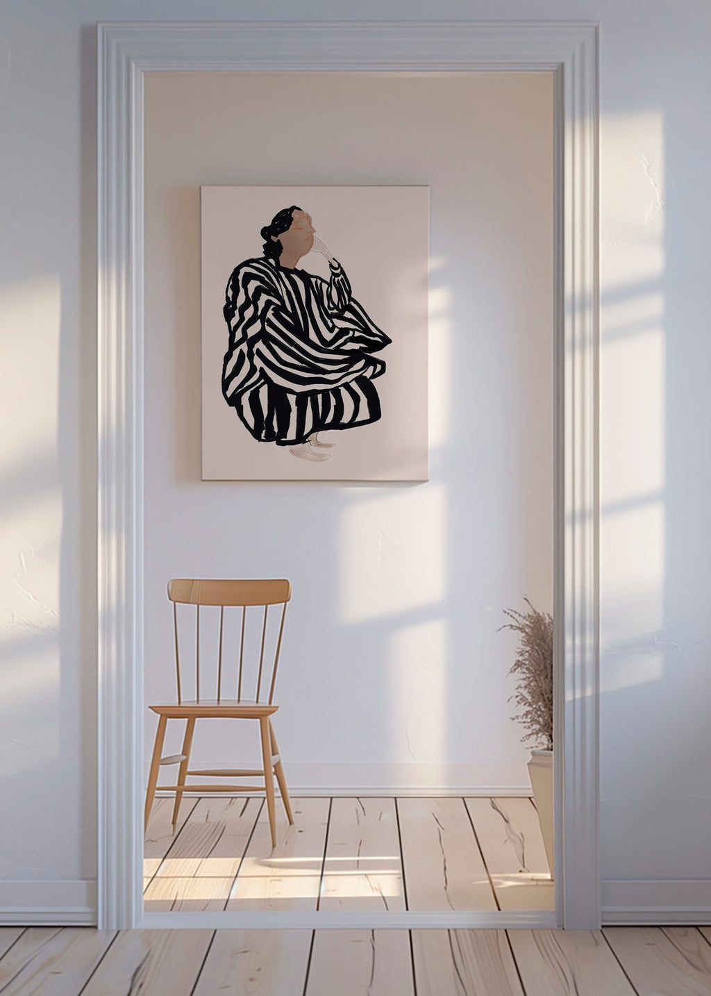 Illustration af kvindelig figur med grafiske striber – Canvas