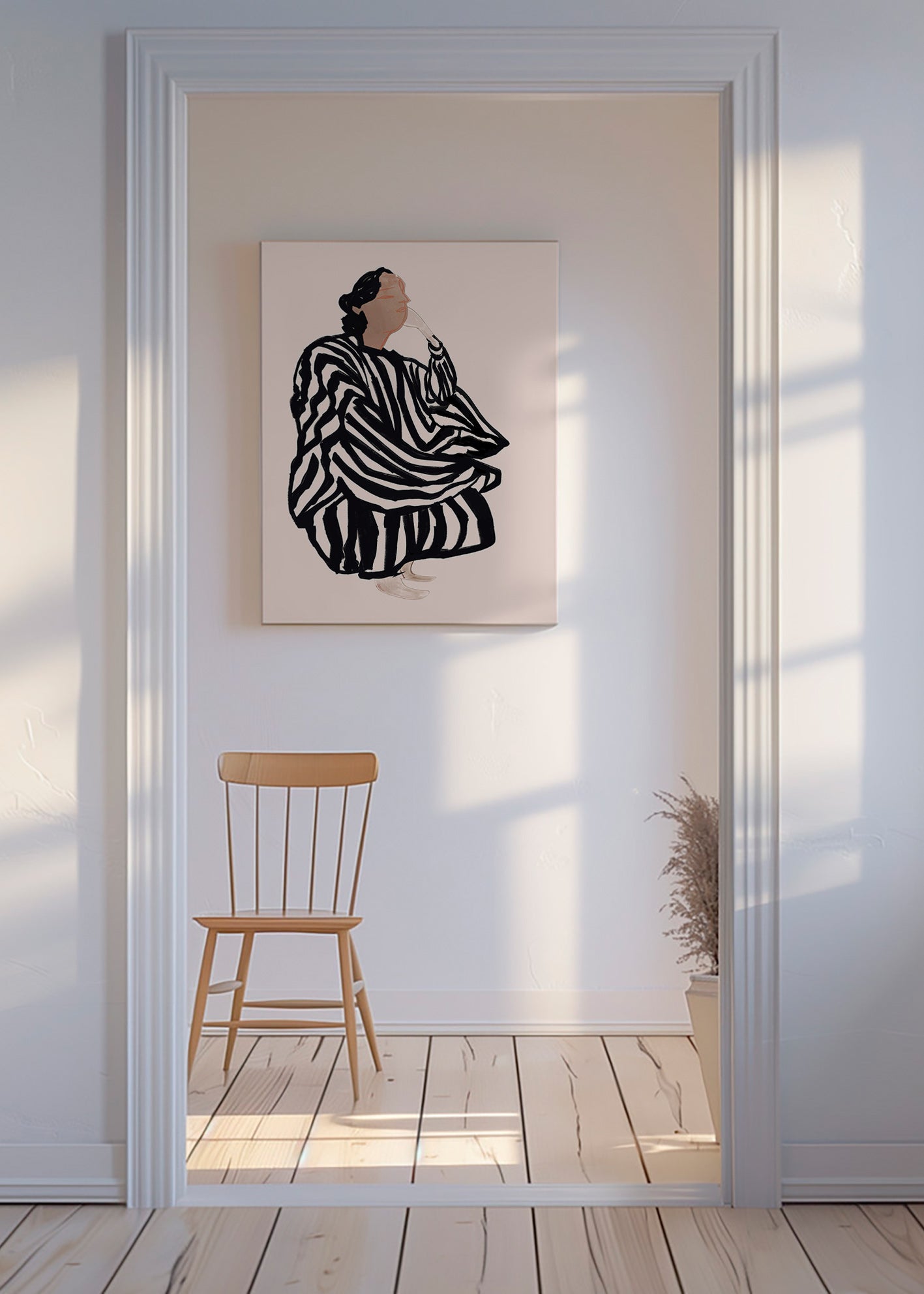 Illustration af kvindelig figur med grafiske striber – Canvas