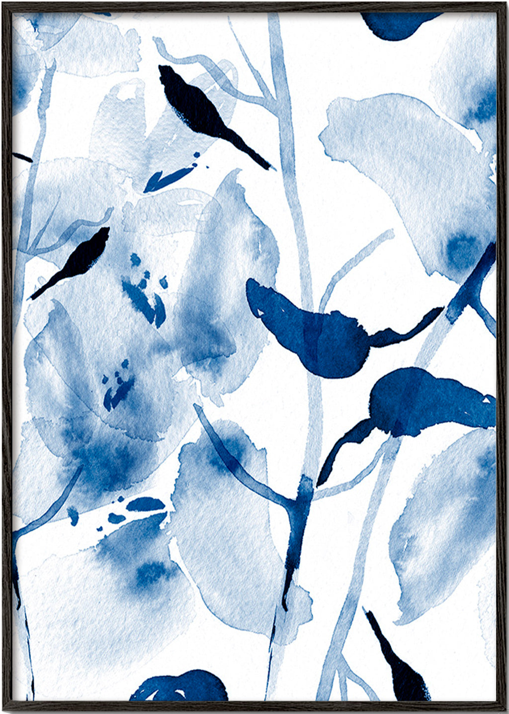 Botanisk akvarel i blåt med fugle – Black Frame