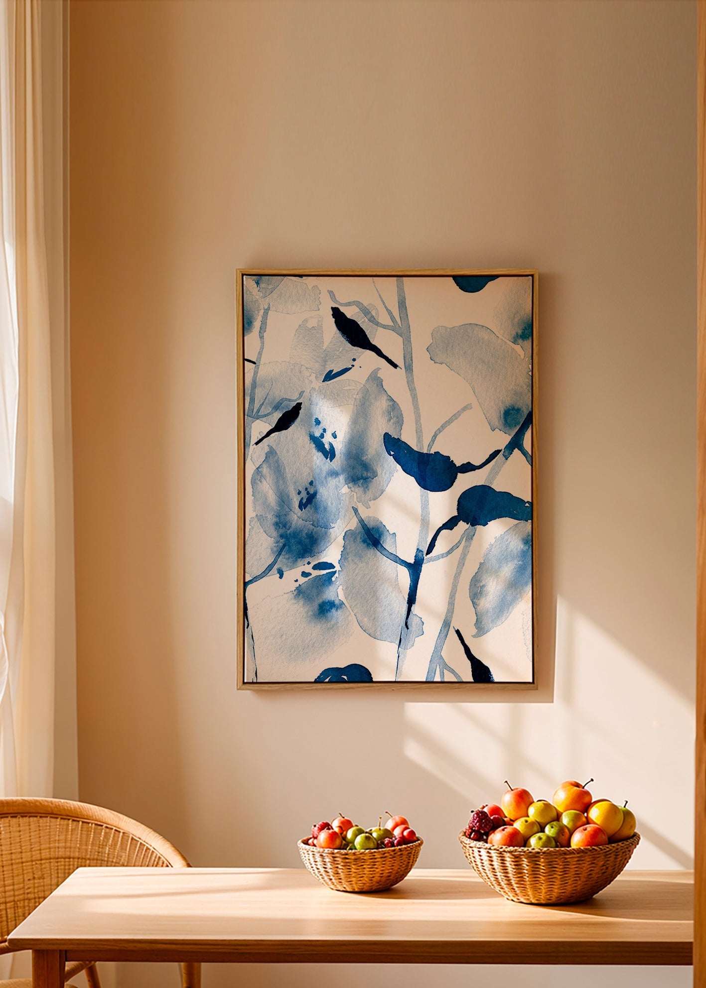 Botanisk akvarel i blåt med fugle – Canvas2