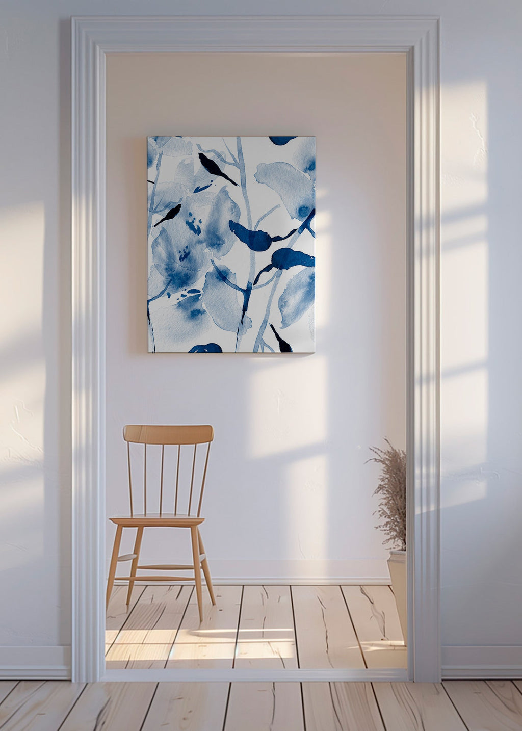 Botanisk akvarel i blåt med fugle – Canvas