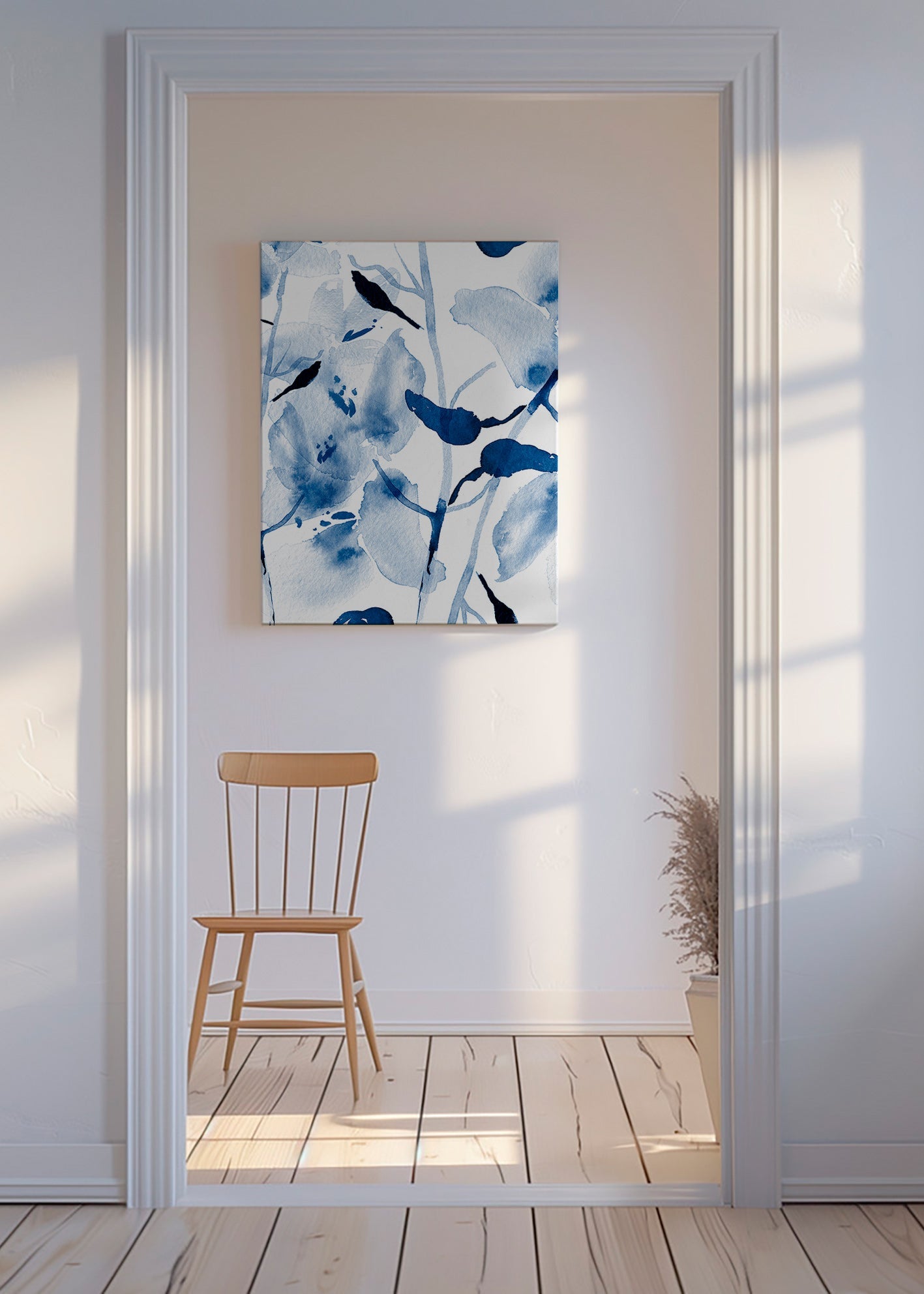 Botanisk akvarel i blåt med fugle – Canvas
