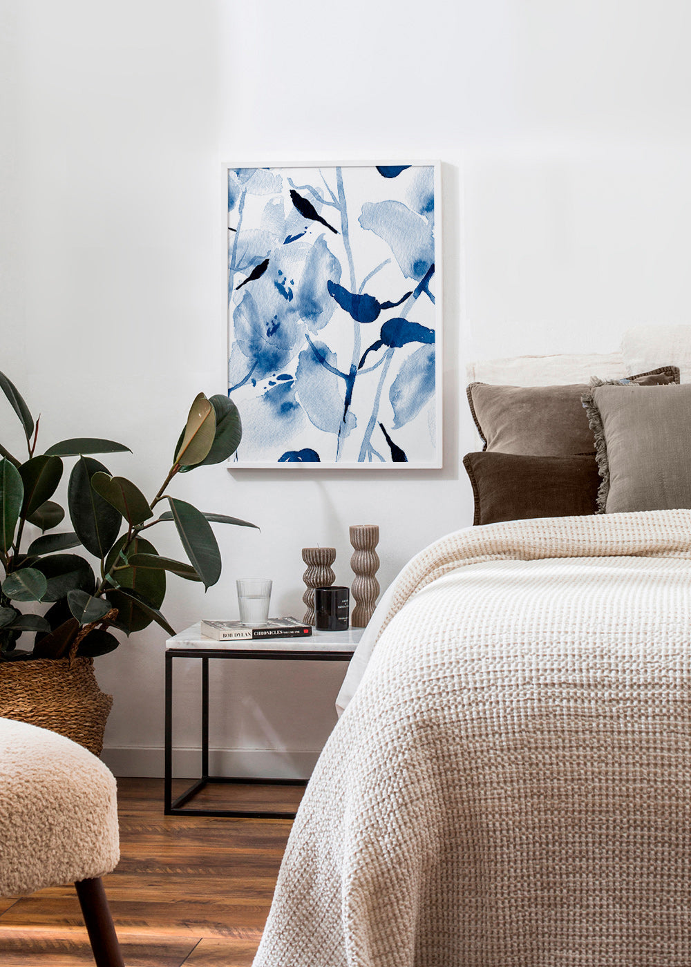 Botanisk akvarel i blåt med fugle – Product1