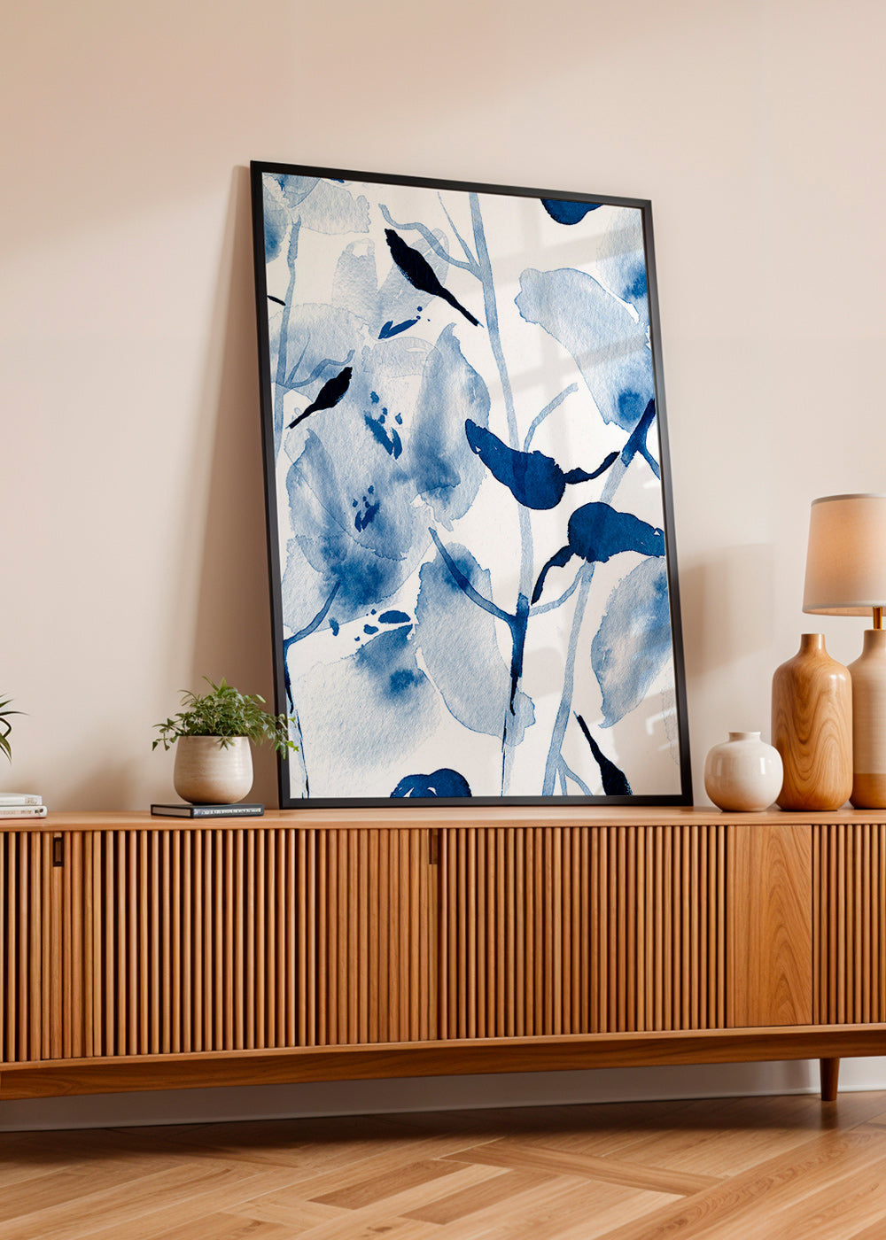 Botanisk akvarel i blåt med fugle – Product3