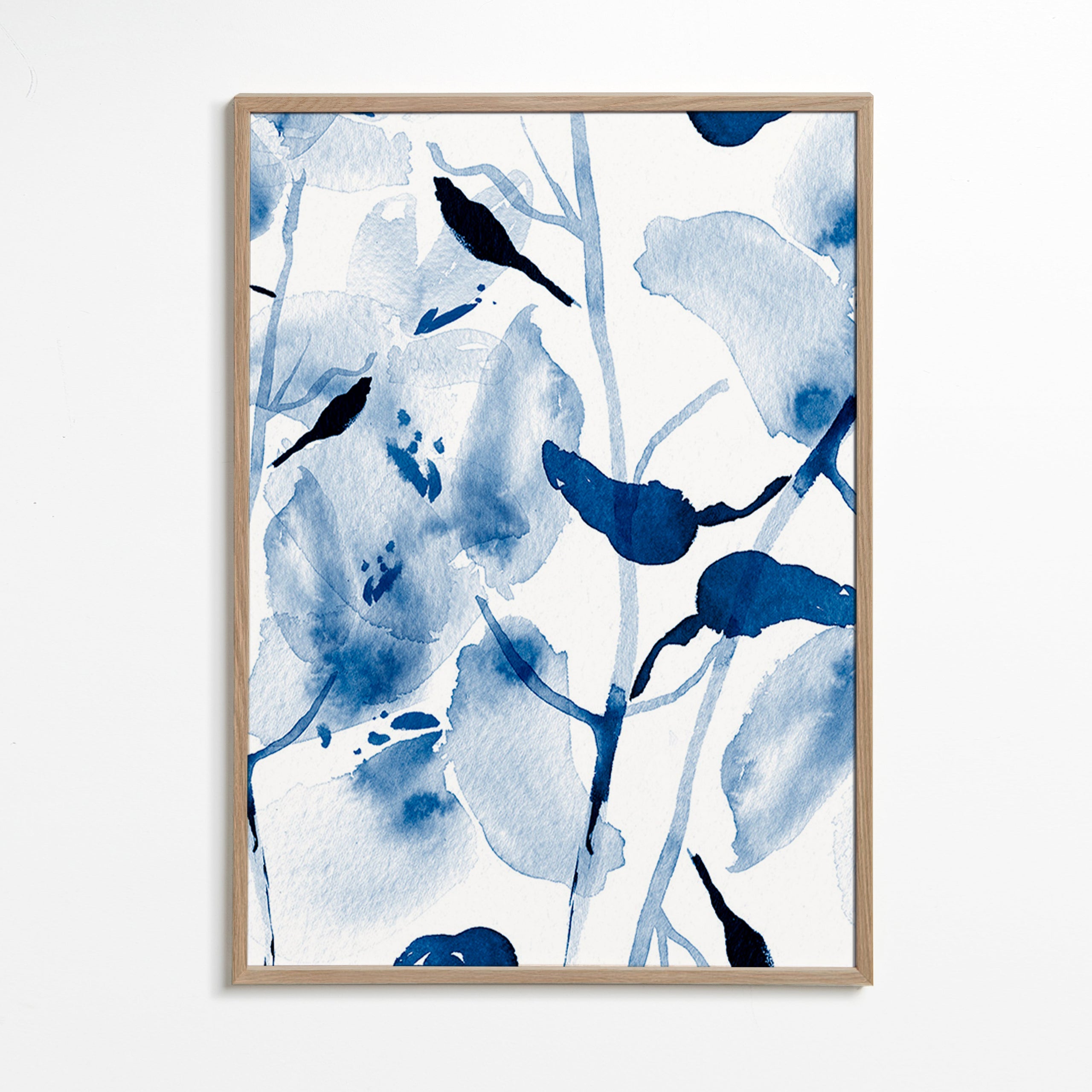 Botanisk akvarel i blåt med fugle – Oak Frame