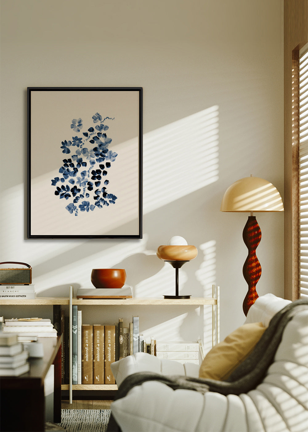 Botanisk plakat med blå blomster på creme – Canvas1