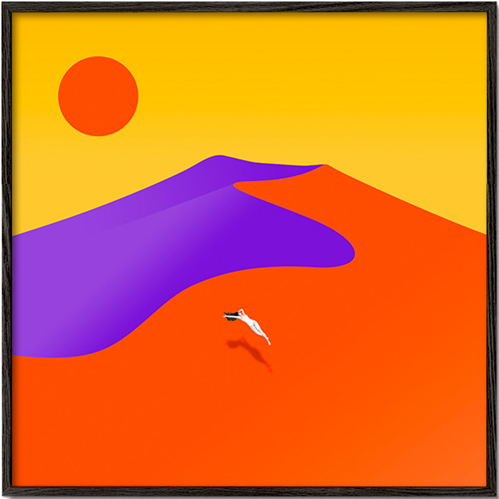 Abstrakt billede med svævende figur og sol – Black Frame