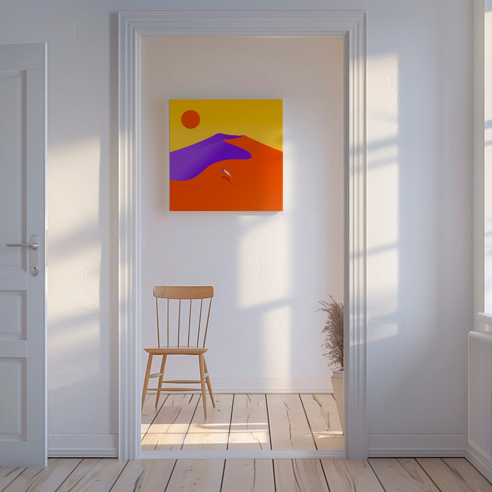 Abstrakt billede med svævende figur og sol – Canvas