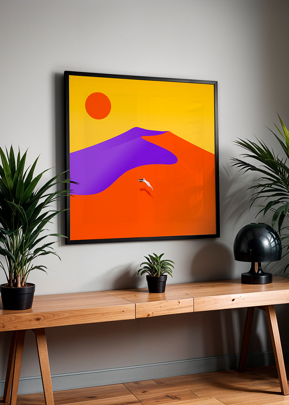 Abstrakt billede med svævende figur og sol – Product1