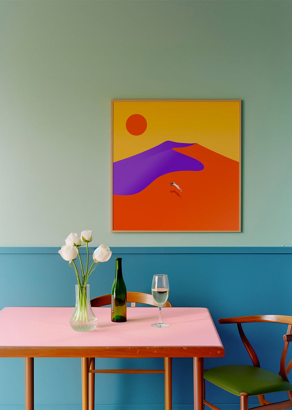 Abstrakt billede med svævende figur og sol – Product2