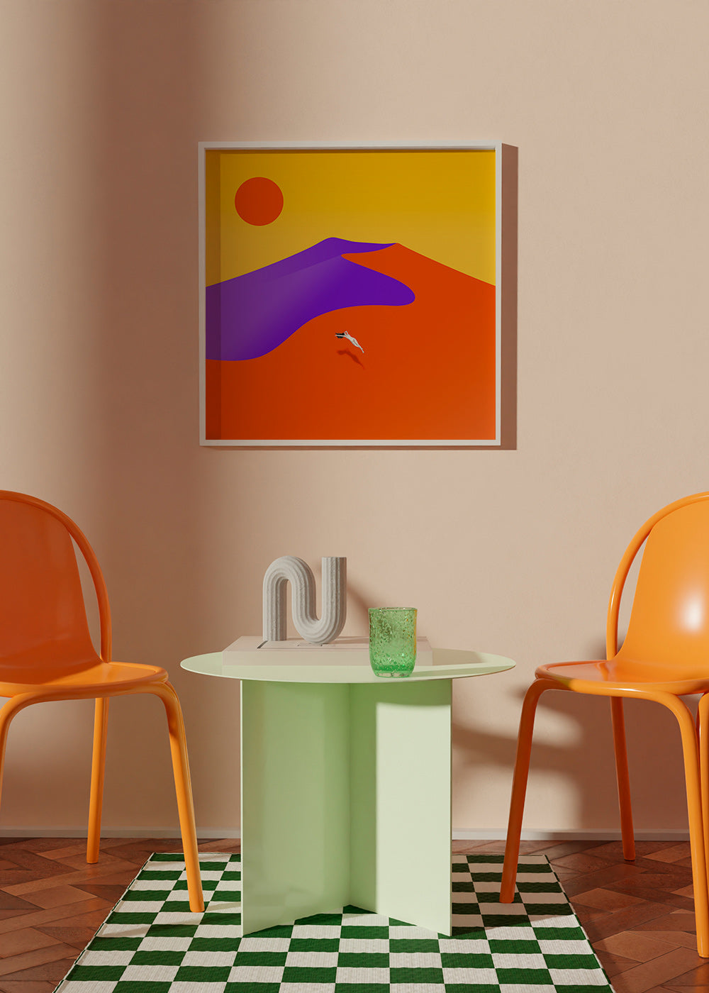 Abstrakt billede med svævende figur og sol – Product3