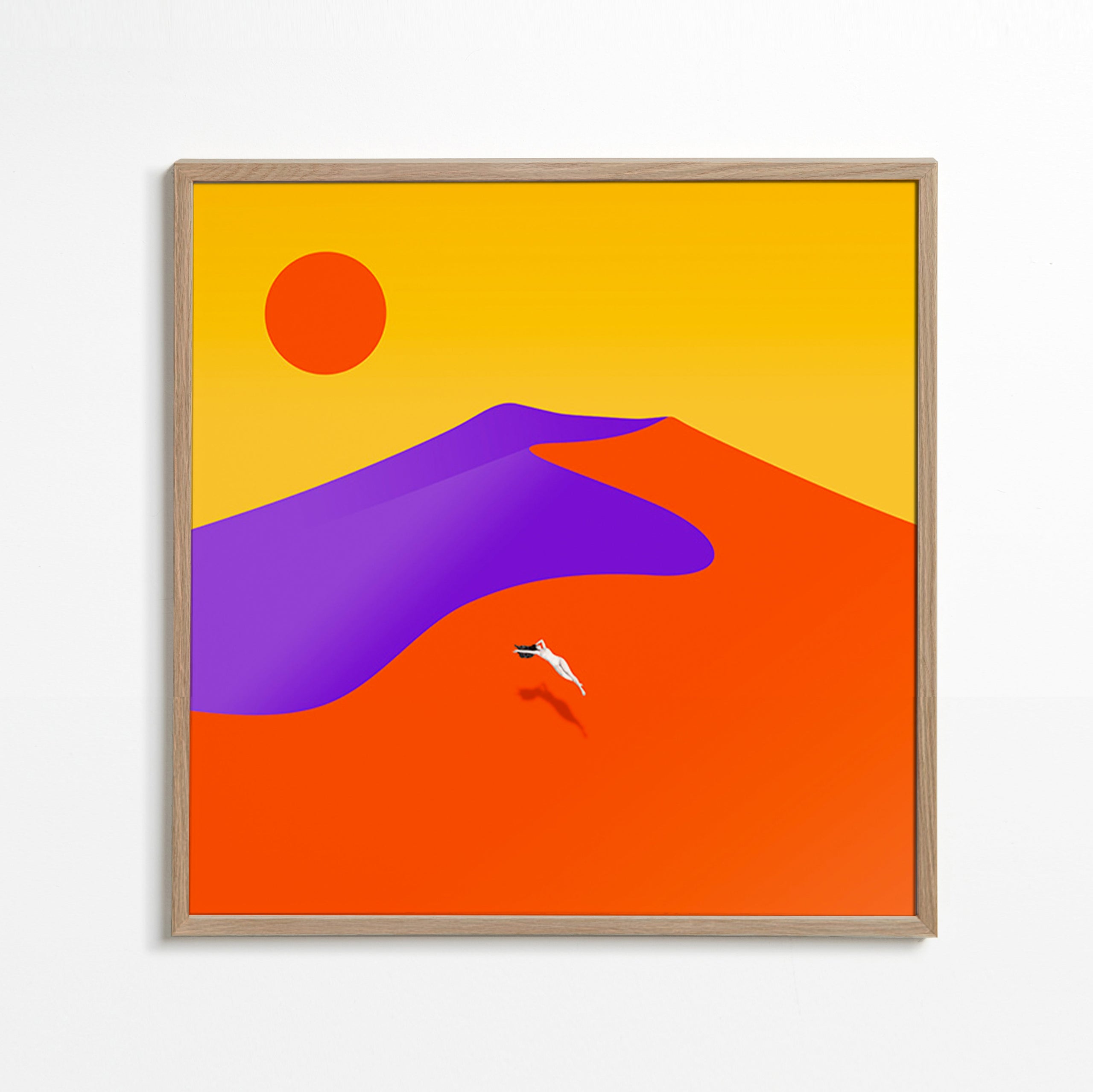 Abstrakt billede med svævende figur og sol – Oak Frame