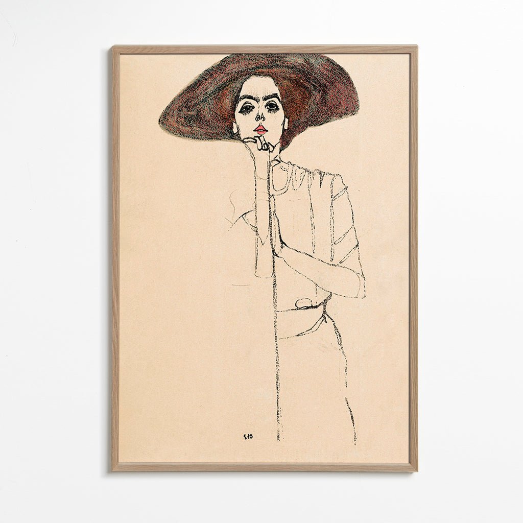 Illustration portræt med hat og udtryksfuld streg – Oak Frame