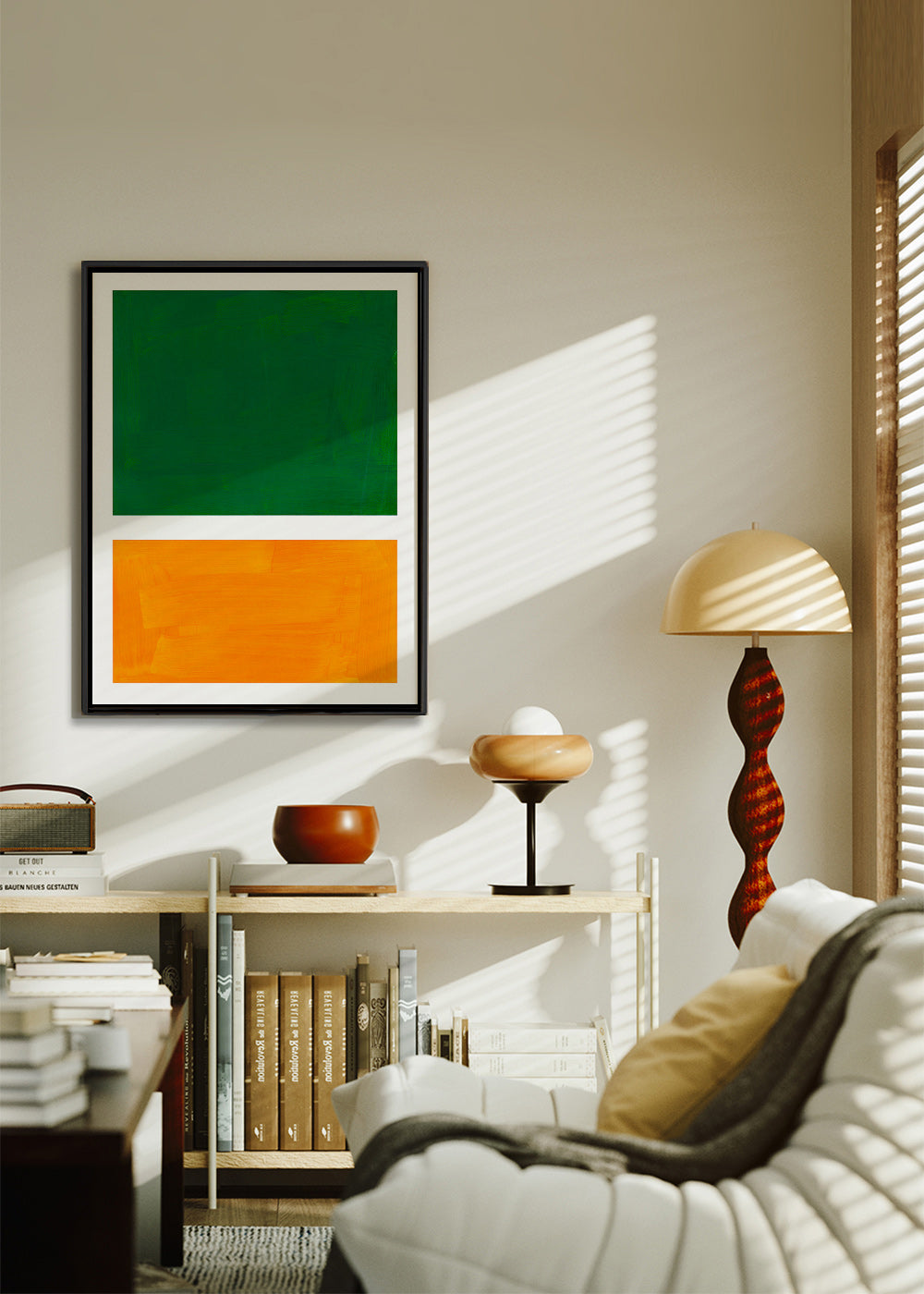 Abstrakt billede med grønne og orange felter – Canvas1
