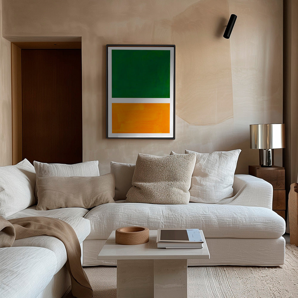 Abstrakt billede med grønne og orange felter – Canvas2