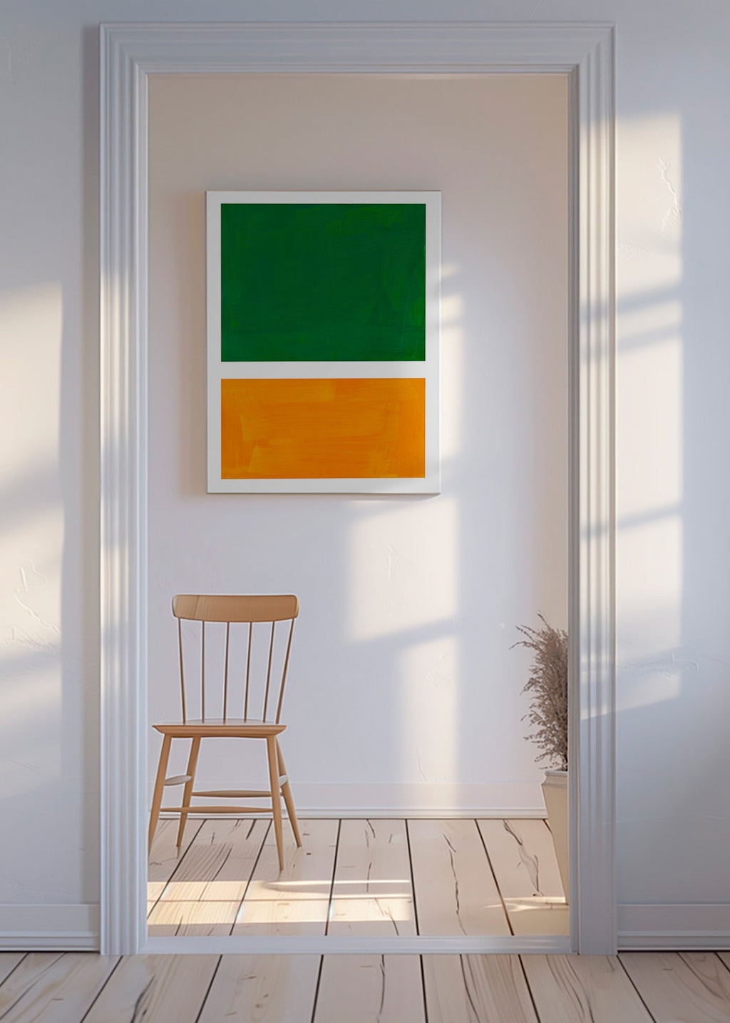 Abstrakt billede med grønne og orange felter – Canvas
