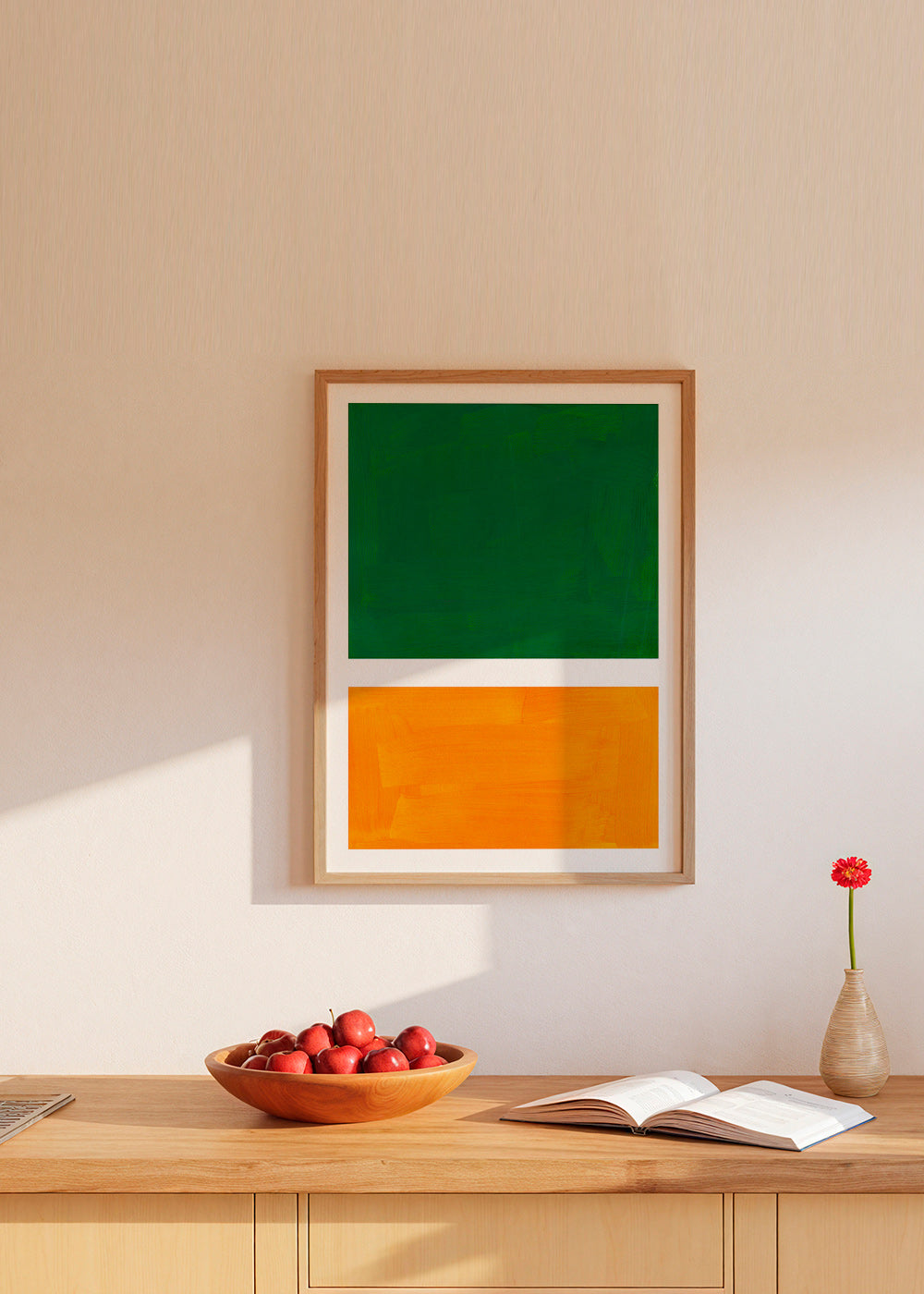 Abstrakt billede med grønne og orange felter – Product1