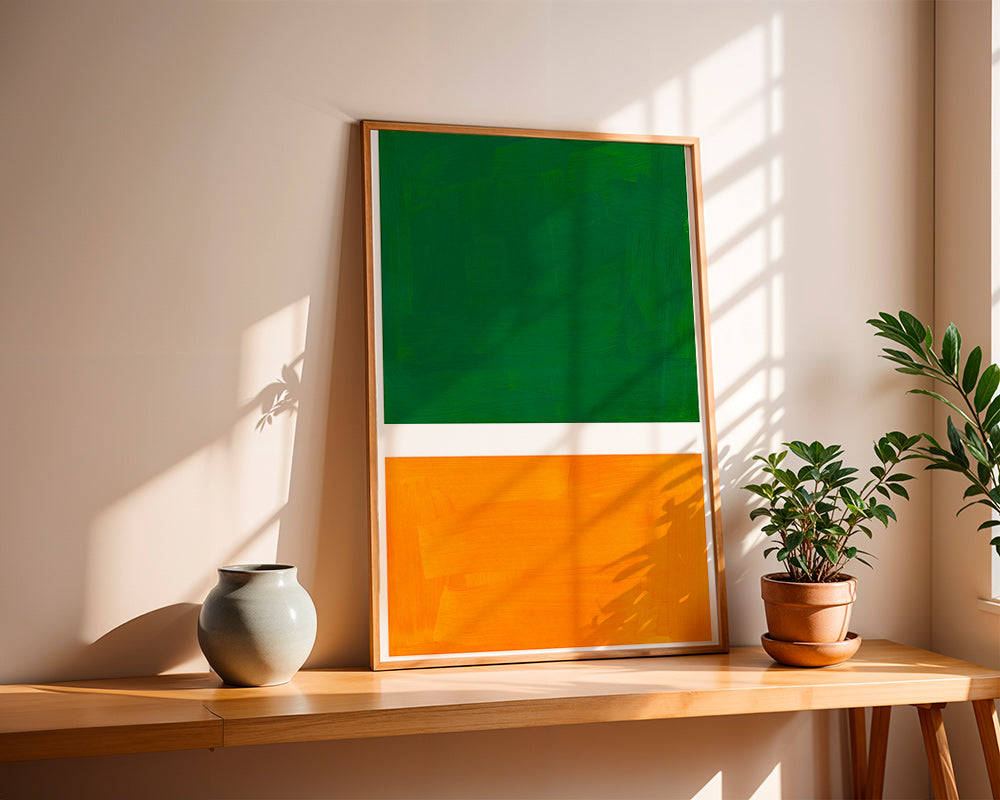 Abstrakt billede med grønne og orange felter – Product2