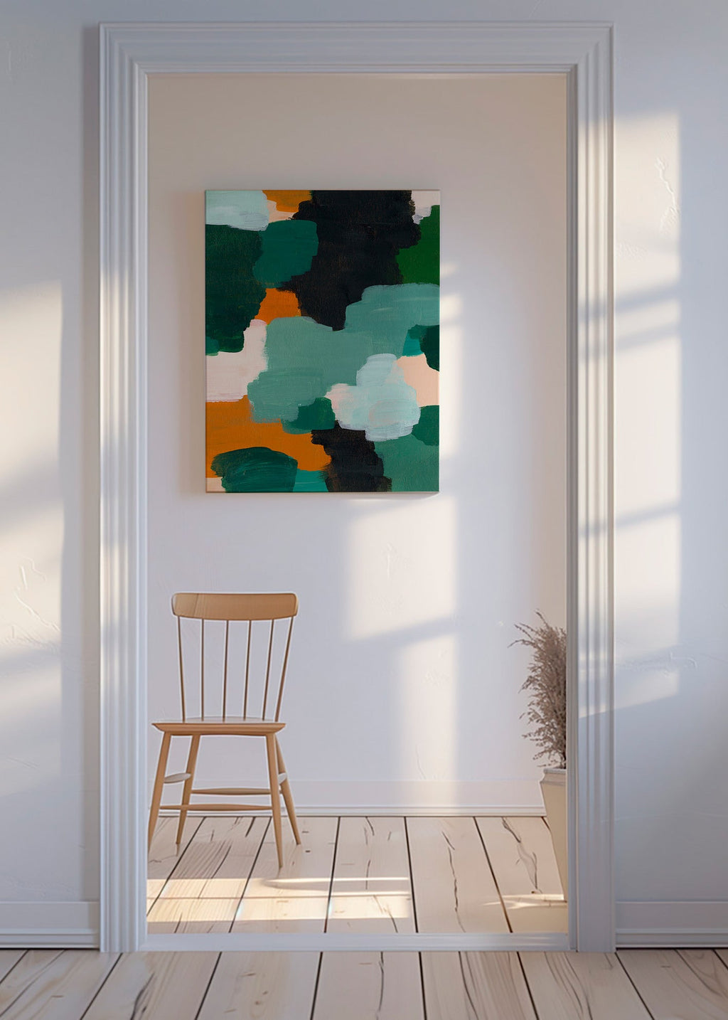 Abstrakt maleri med grønne og okker penselstrøg – Canvas
