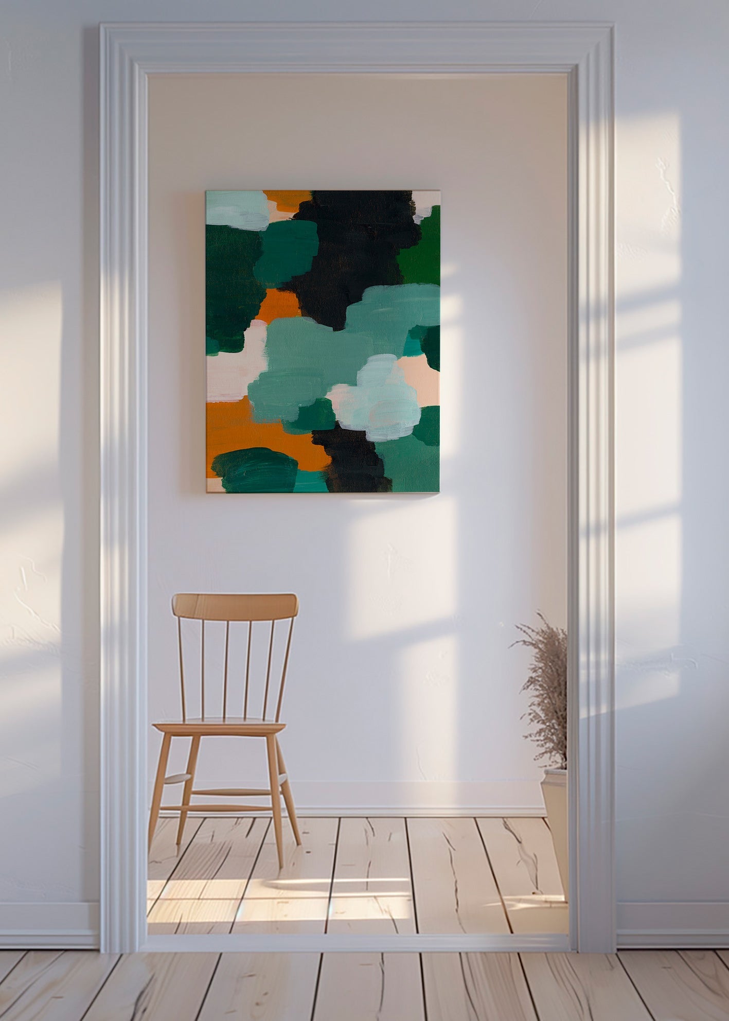 Abstrakt maleri med grønne og okker penselstrøg – Canvas