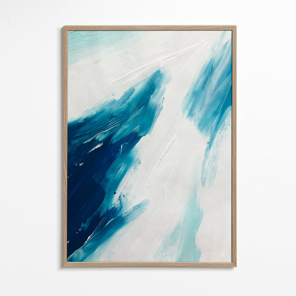 Abstrakt værk blå penselstrøg – Oak Frame