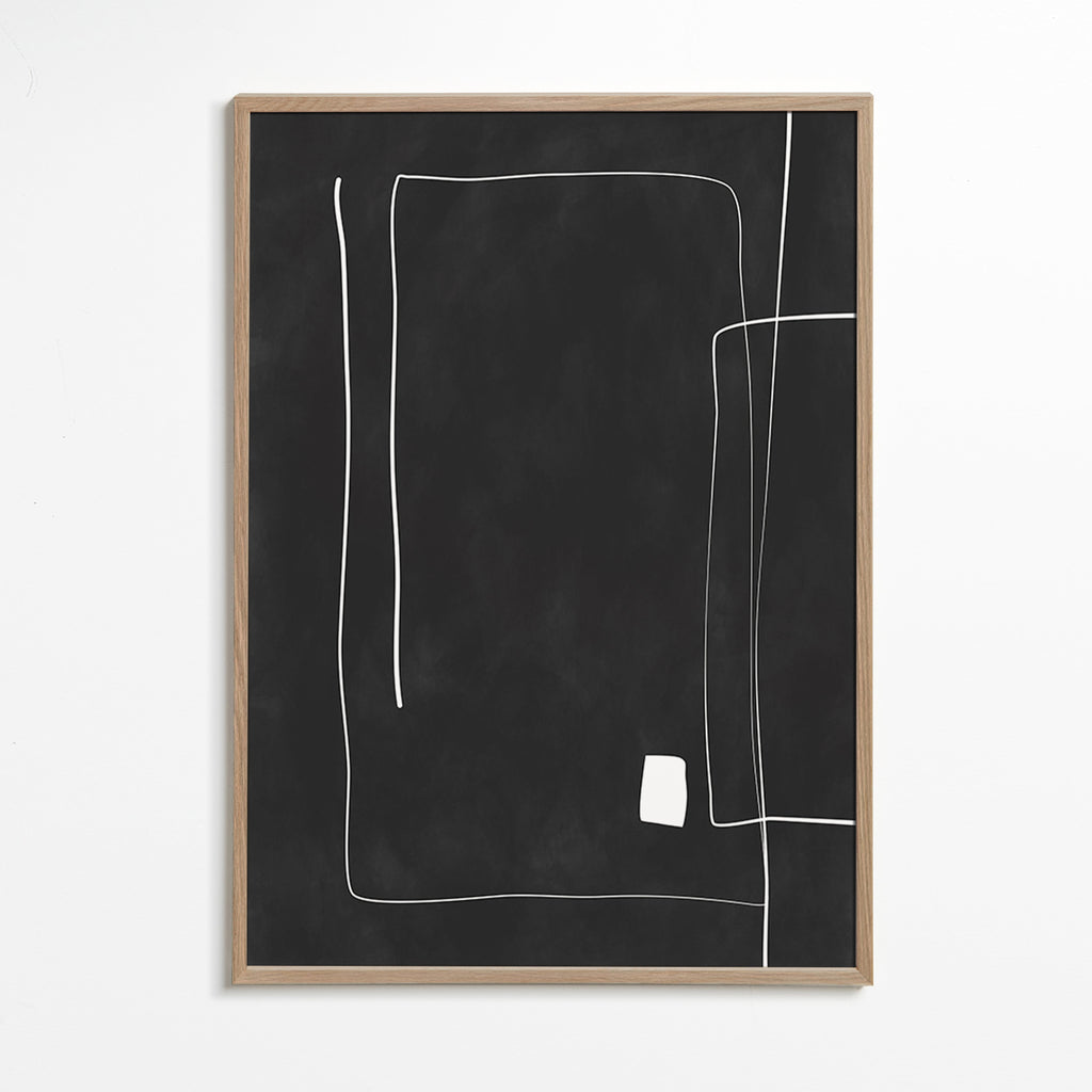 Minimalistisk plakat med hvide linjer på sort baggrund – Oak Frame