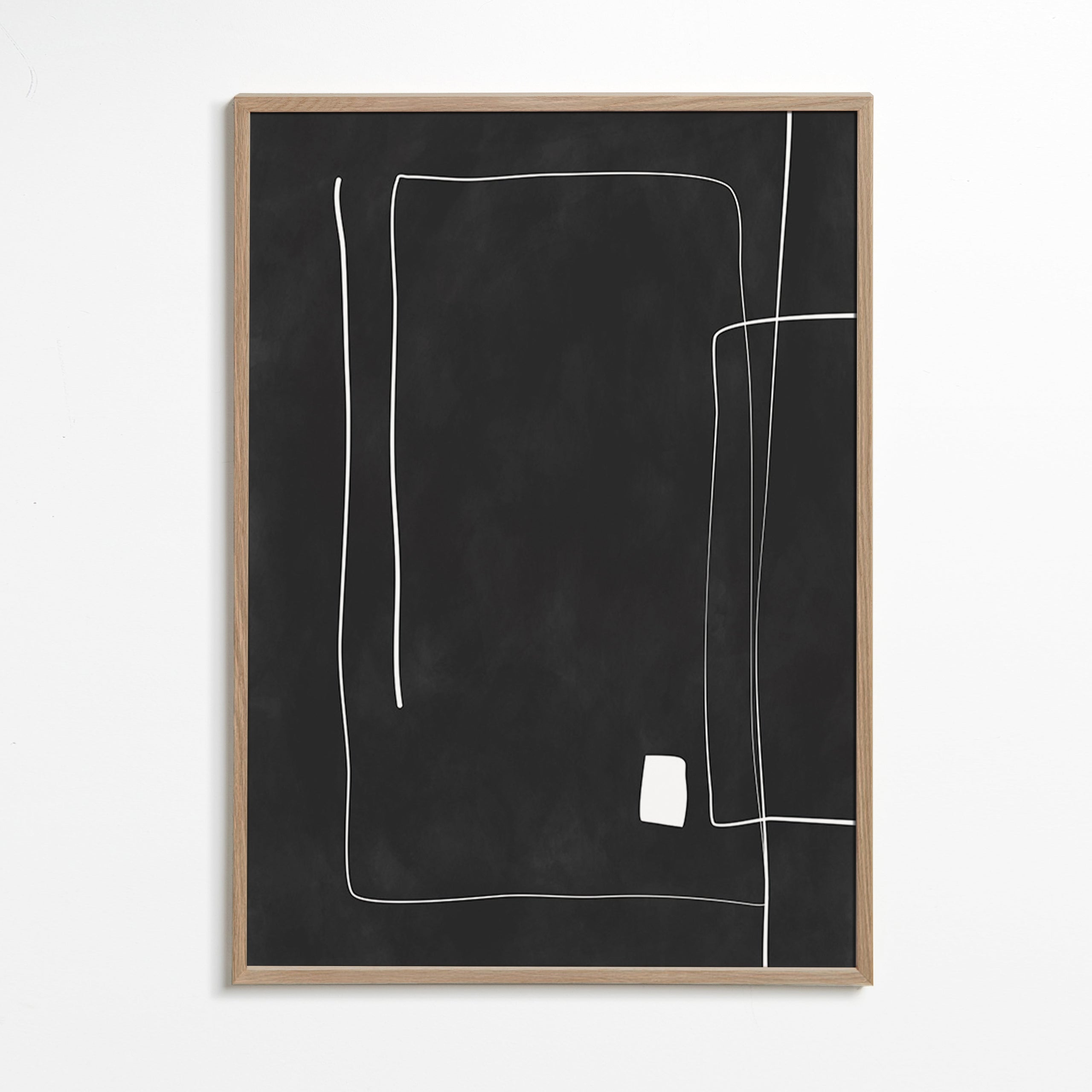 Minimalistisk plakat med hvide linjer på sort baggrund – Oak Frame