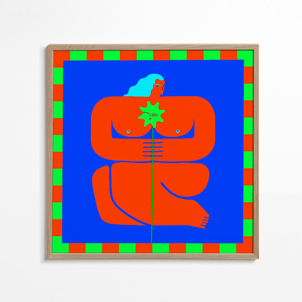 Abstrakt værk med stiliseret rød figur – Oak Frame