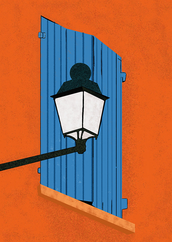Illustration blå skodde og gadelygte