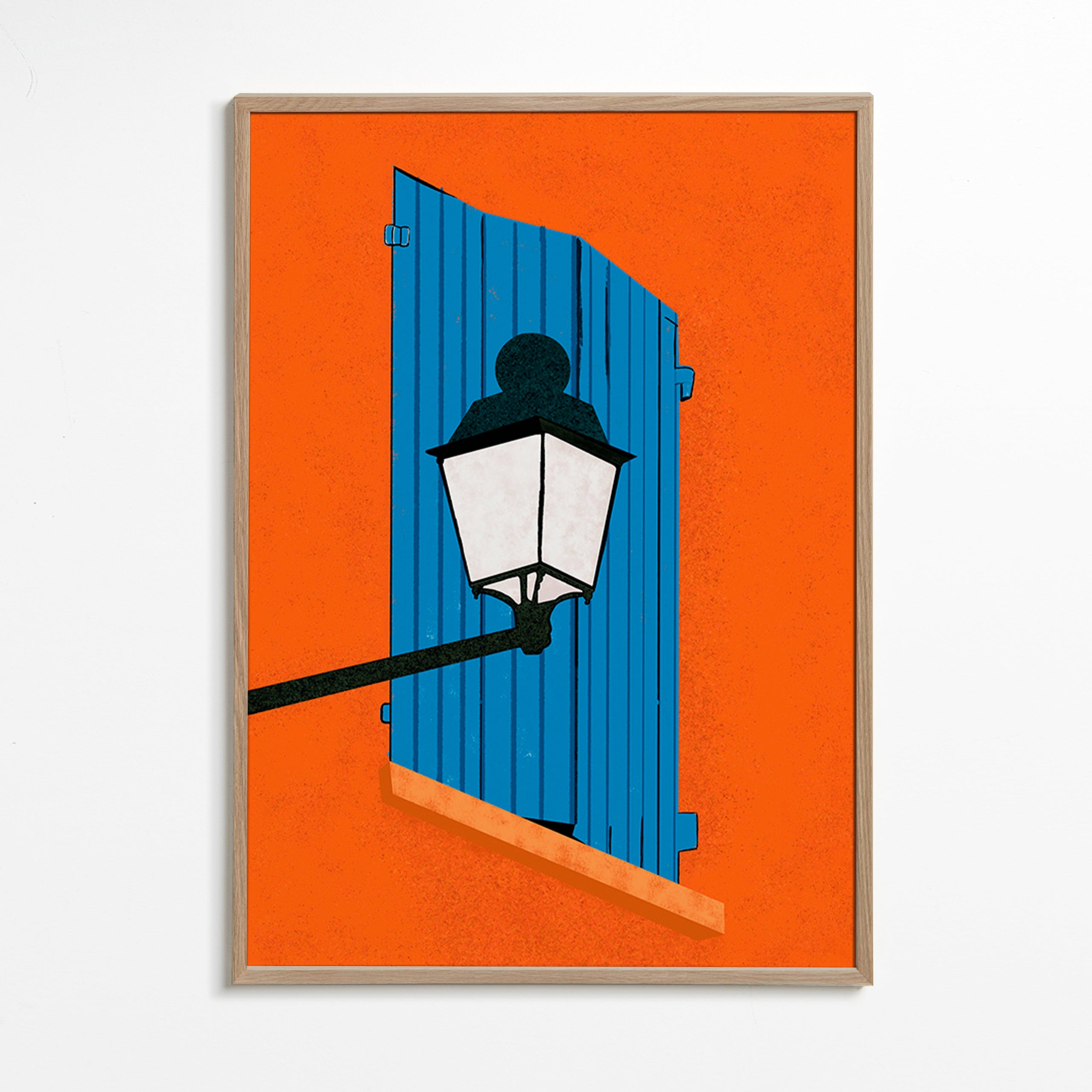 Illustration blå skodde og gadelygte – Oak Frame