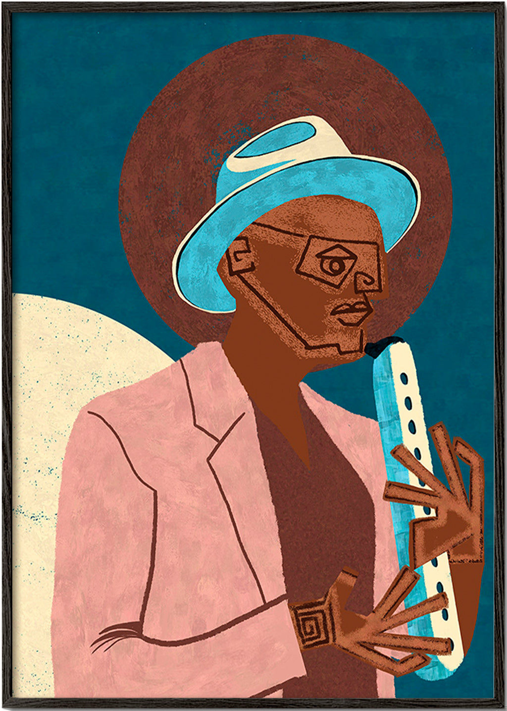Illustration af musiker med blæseinstrument – Black Frame
