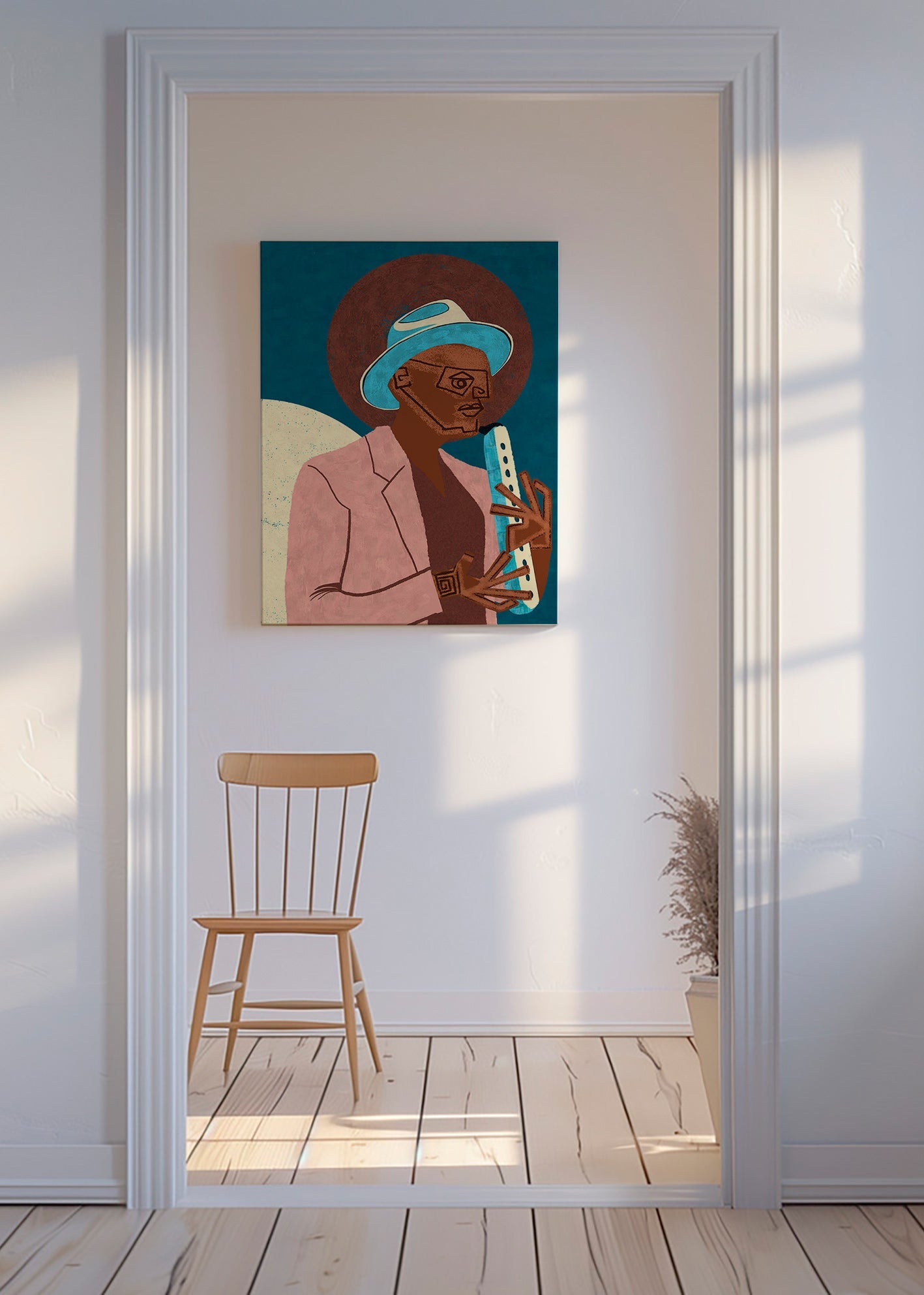 Illustration af musiker med blæseinstrument – Canvas