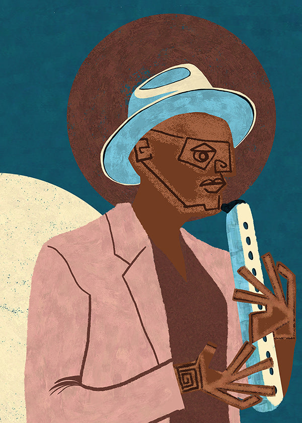 Illustration af musiker med blæseinstrument