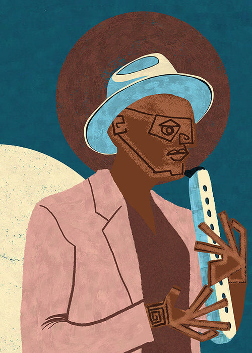 Illustration af musiker med blæseinstrument