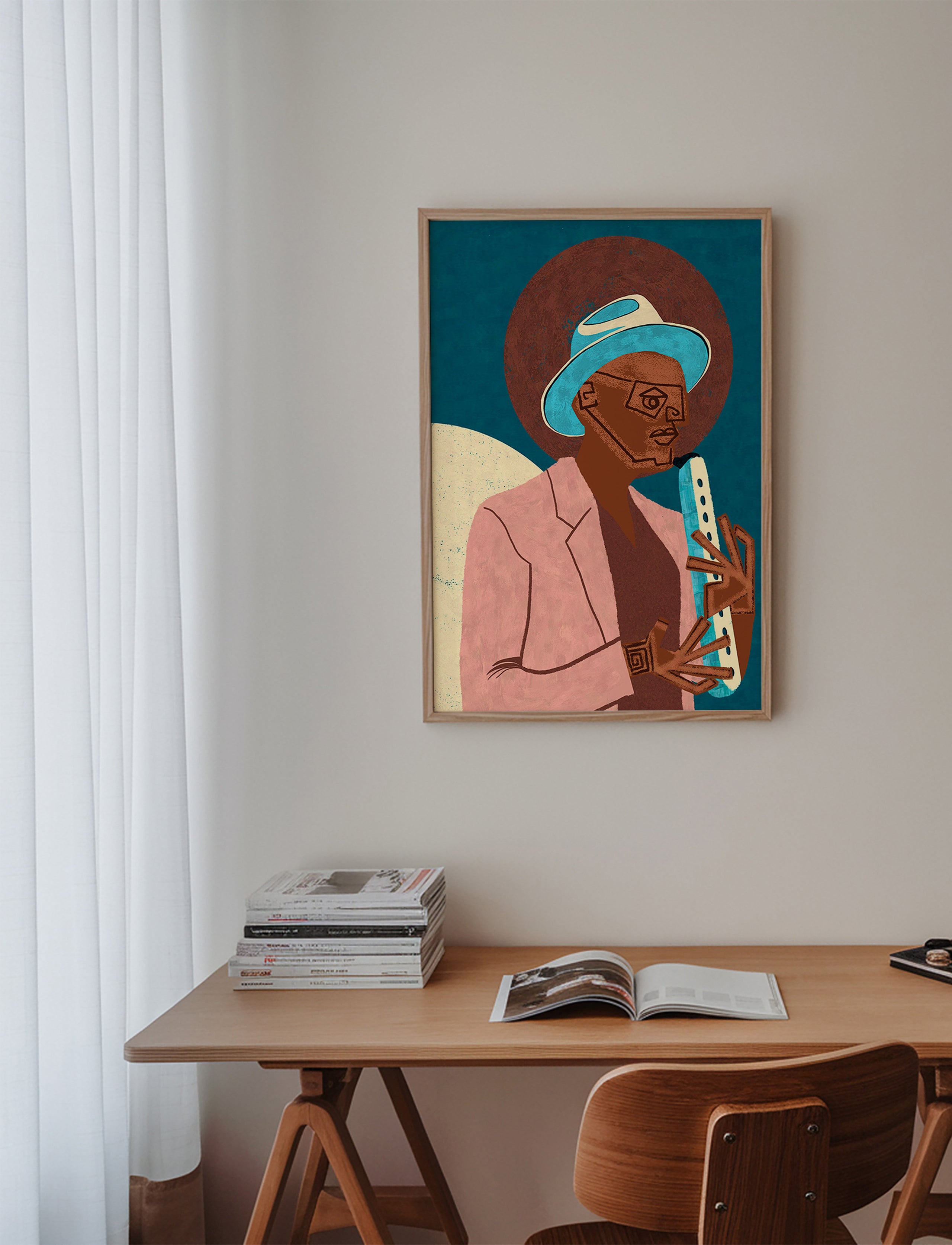 Illustration af musiker med blæseinstrument – Product3