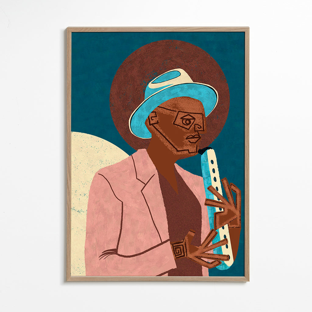 Illustration af musiker med blæseinstrument – Oak Frame