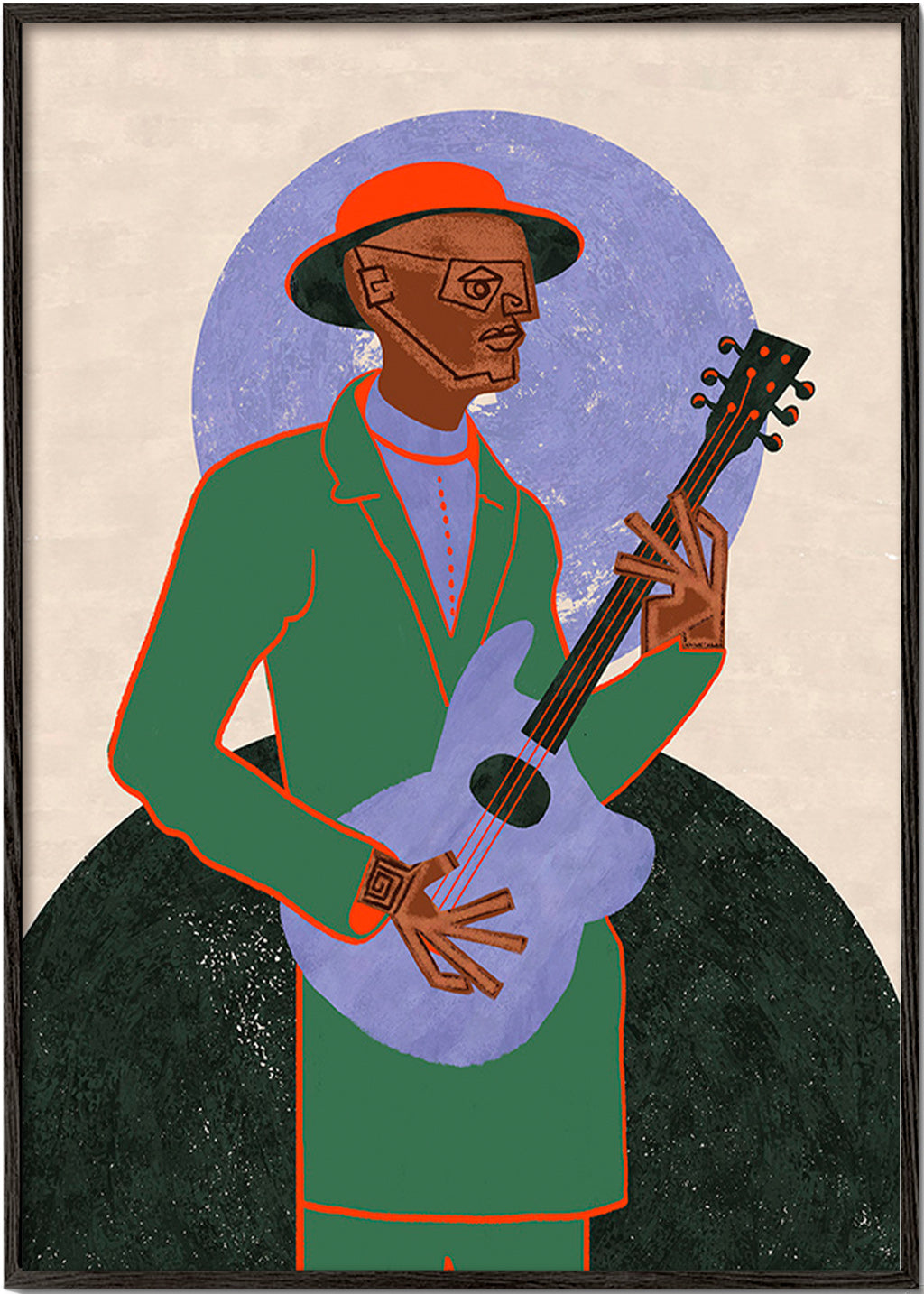 Illustration af musiker med guitar og halo – Black Frame