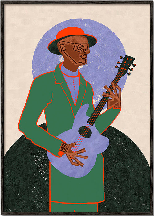 Illustration af musiker med guitar og halo – Black Frame